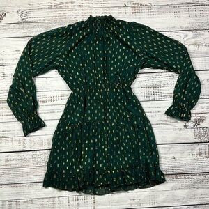 NWT O.P.T. Green gold mock neck smocked waist tiered dress size medium
